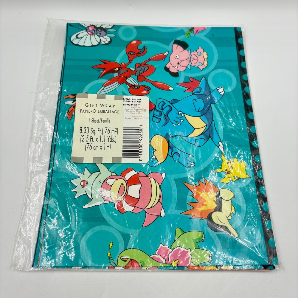 American Greetings Pokemon Gift Wrap Vintage 8.33 Sq Ft Teal Feraligatr Scizor